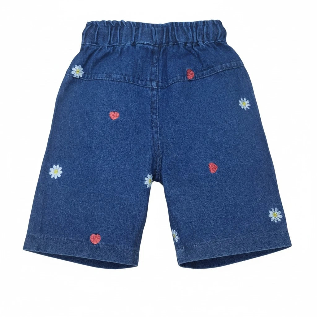 Sun-flower & Heart Emb. Girls Denim Short