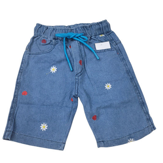 Sun-flower & Heart Emb. Girls Denim Short