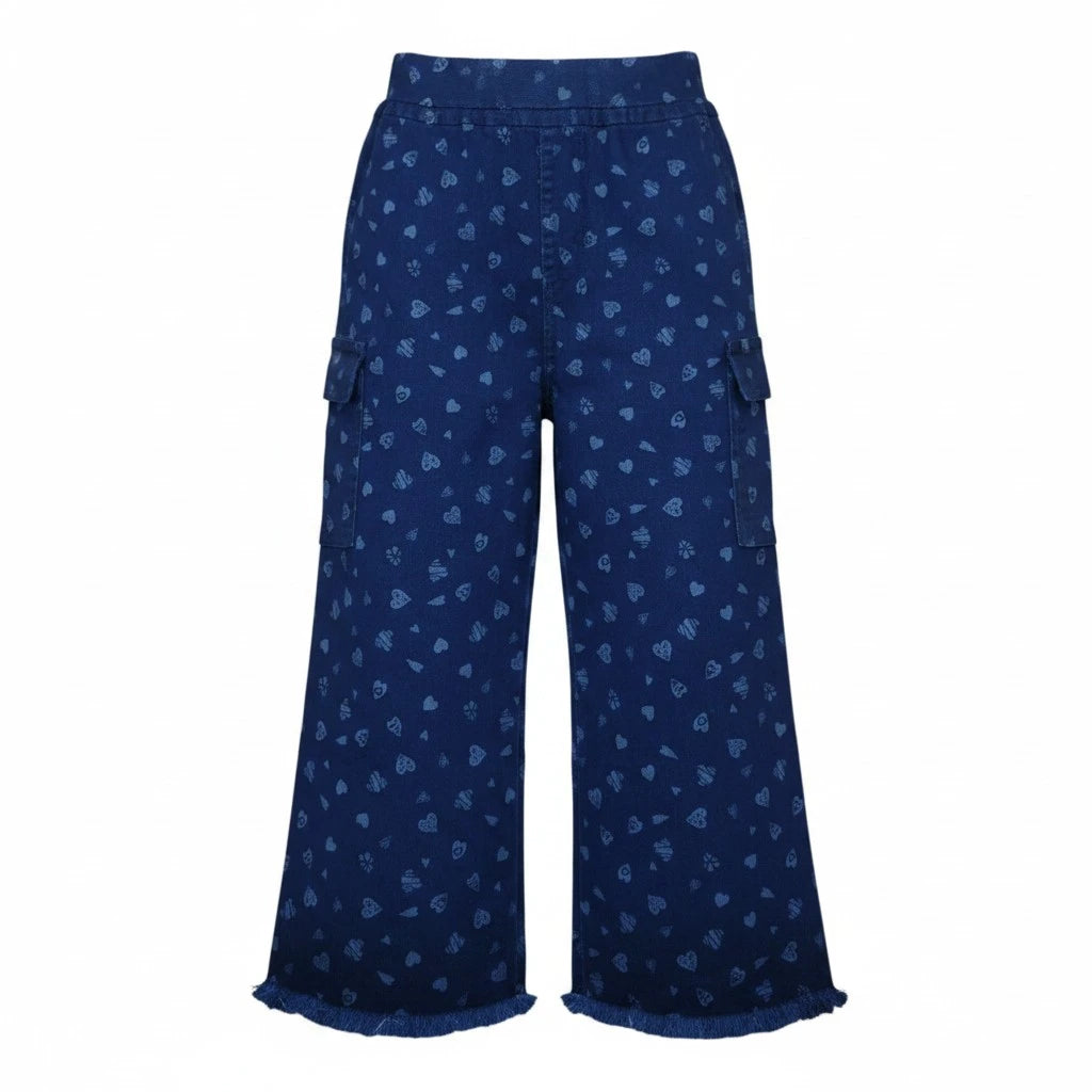 Girls Heart Print Wide Leg Cargo Denim