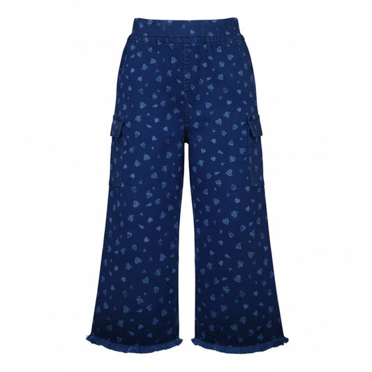 Girls Heart Print Wide Leg Cargo Denim