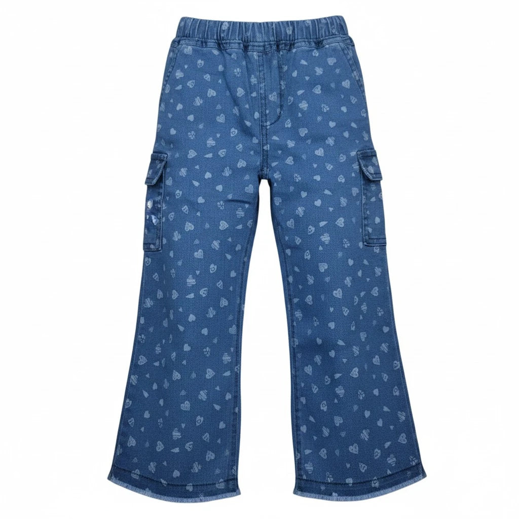 Girls Heart Print Wide Leg Cargo Denim