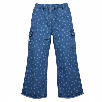 Girls Heart Print Wide Leg Cargo Denim