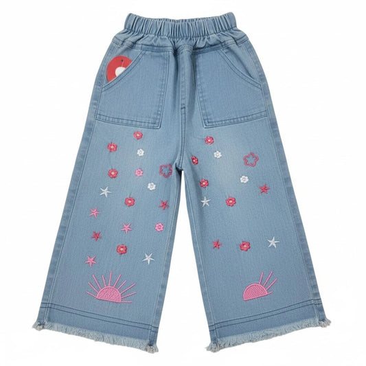 Flower Emb. wide Leg Pant