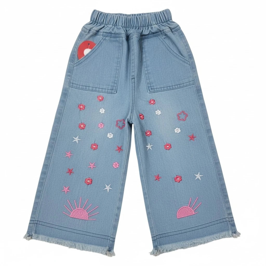Flower Emb. wide Leg Pant