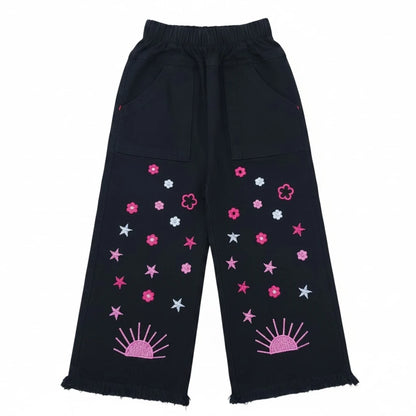 Flower Emb. wide Leg Pant