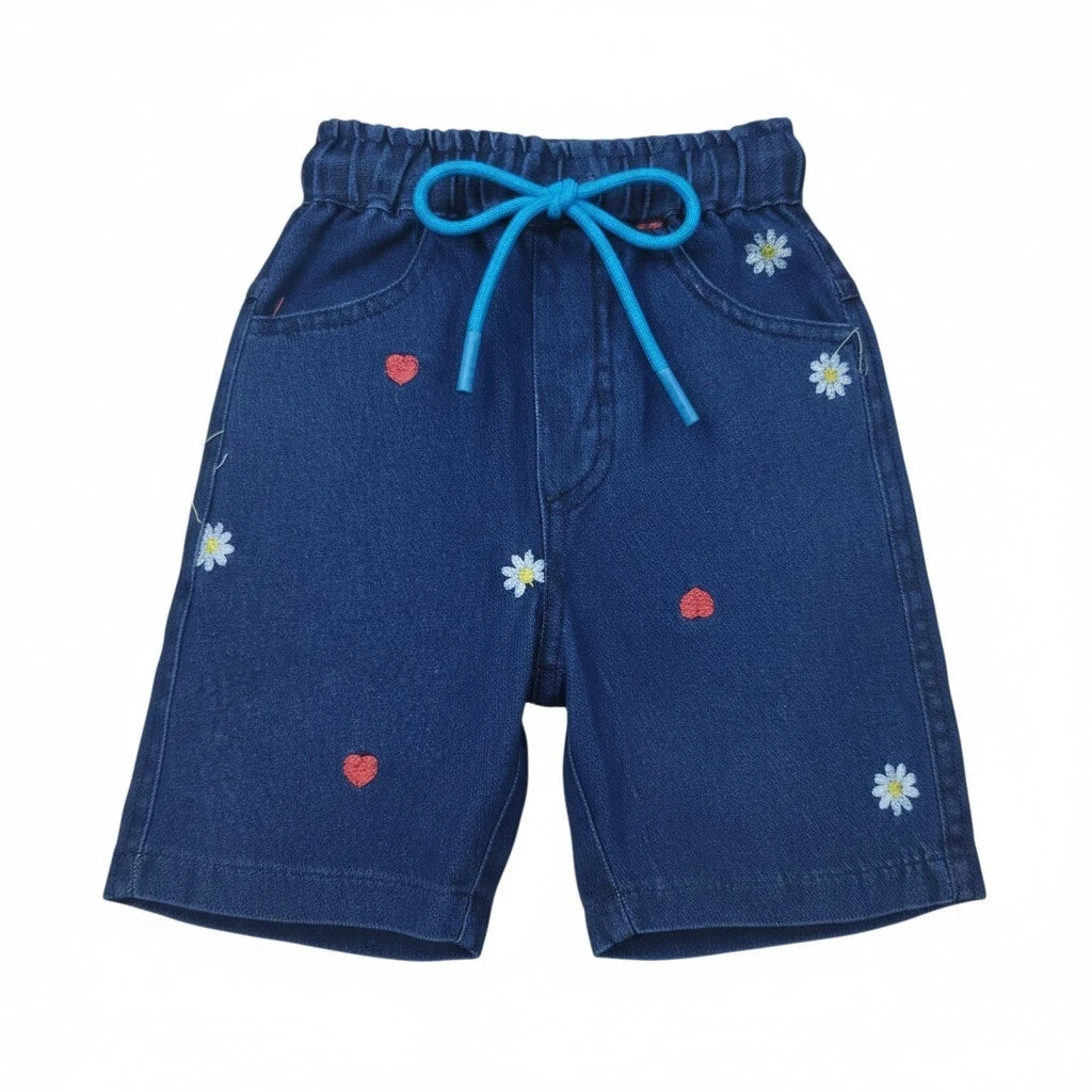Sun-flower & Heart Emb. Girls Denim Short